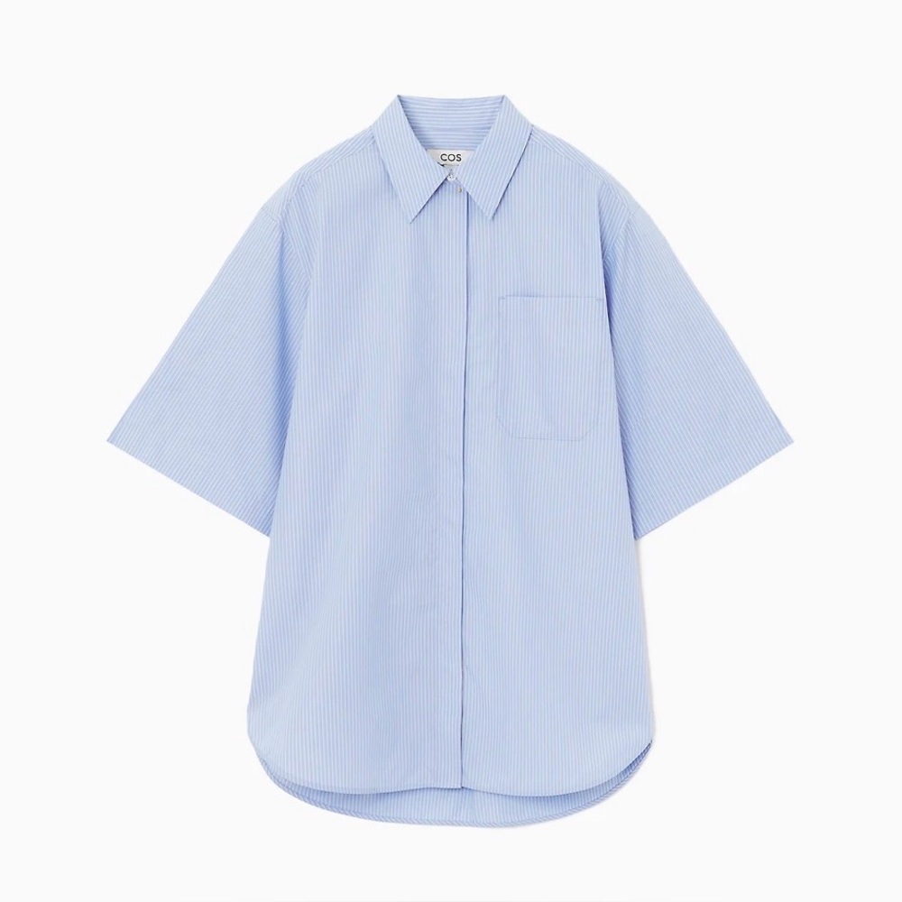 COS OVERSIZED SHORT-SLEEVED PINSTRIPE SHIRT Blue Button Down 6 NWT